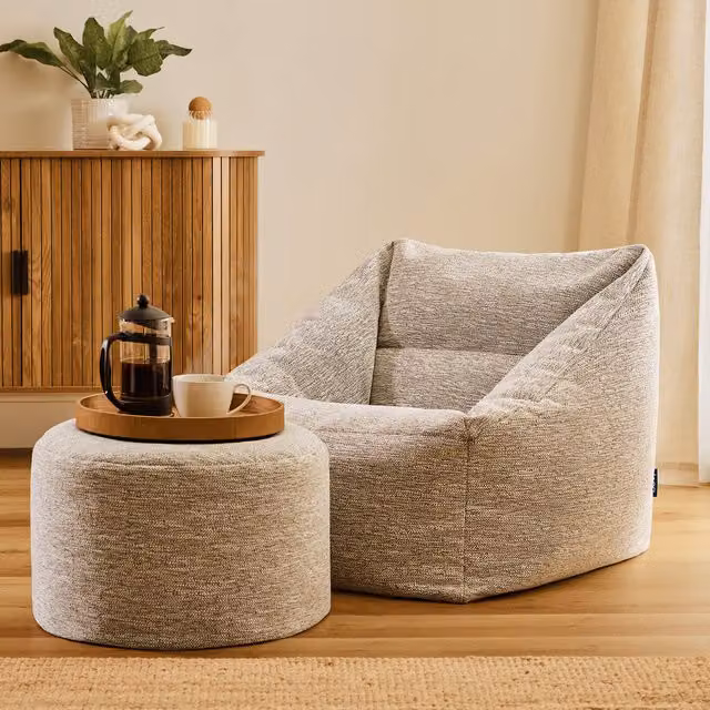 ICON Natalia Woven Armchair and Round Footstool Bean Bag in Beige – 1