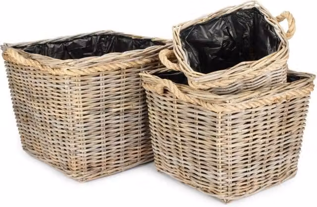 Red Hamper Set of 3 Square Tapered Rattan Planters with Plastic Lining in Natural – 1