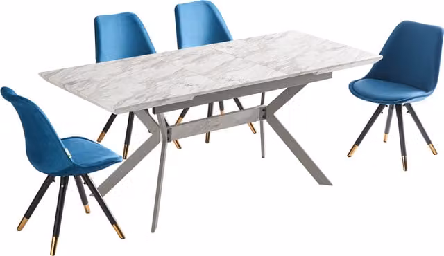 Life Interiors Sofia Blaze LUX Mid-Century Dining Set with Extendable Rectangular Marble Table and 4 Blue and Gold Chairs