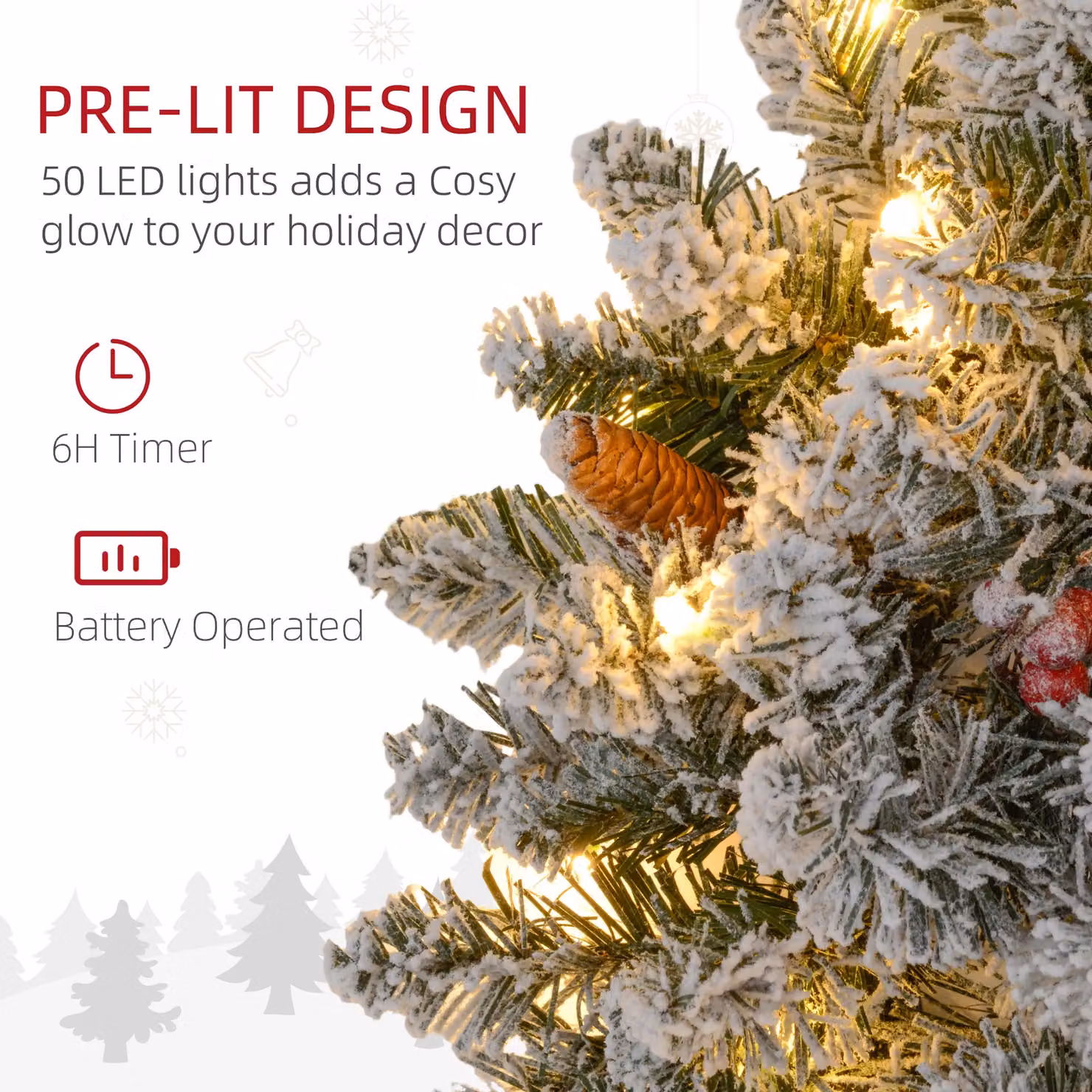 HOMCOM Green Flocked Christmas Wreath with Warm White LED Lights, Pine Cones and Berries, 60cm – 3
