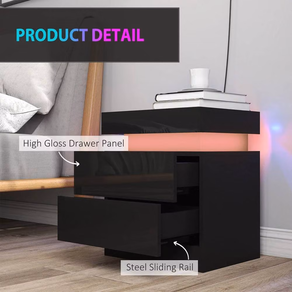 SPETLEK Set of 2 High Gloss Modern Bedside Tables with Integrated LED Lighting in Black – 4