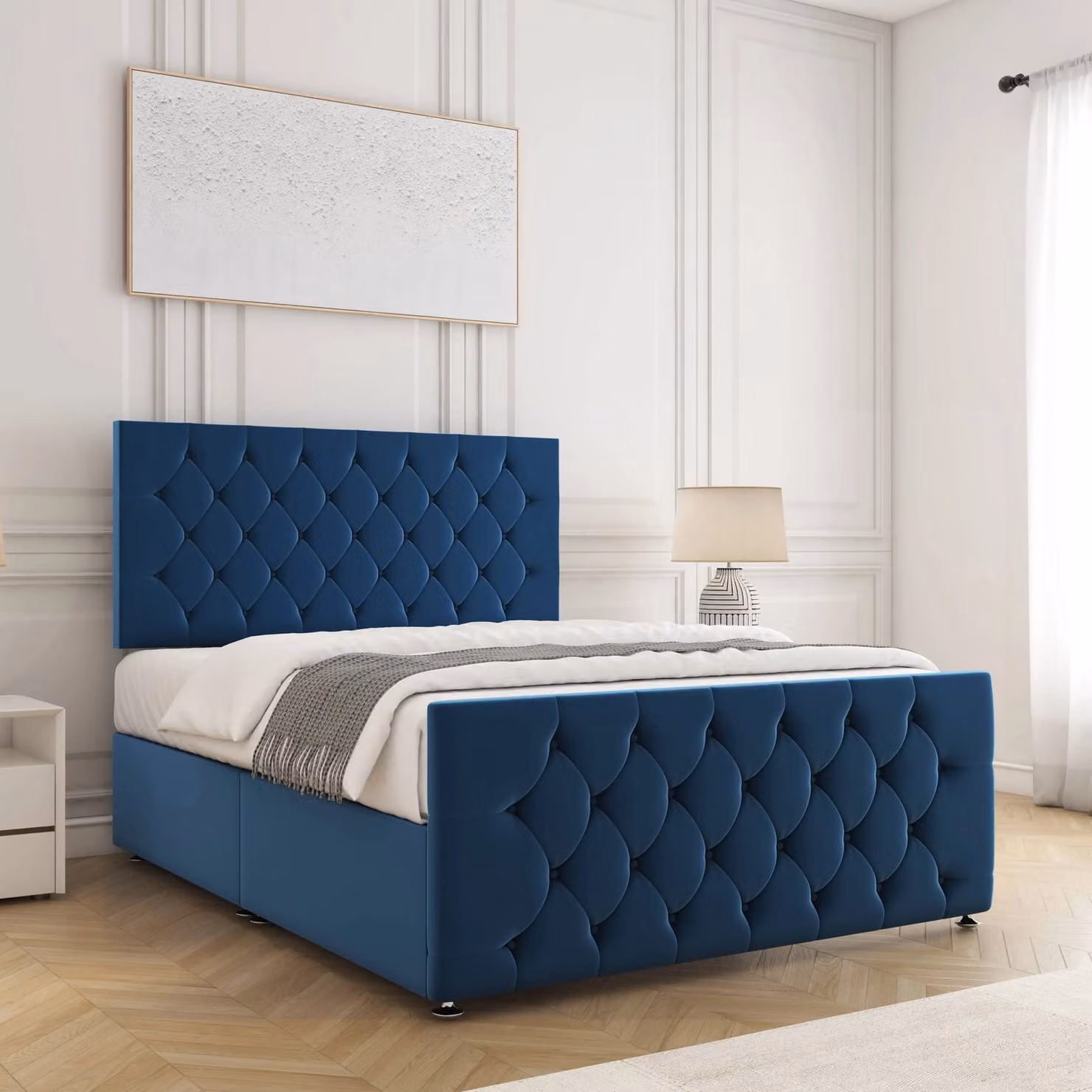 BSSPOKE Maya Double Divan Bed Set with 24 inch Headboard and Mattress in Blue Plush Velvet – 2
