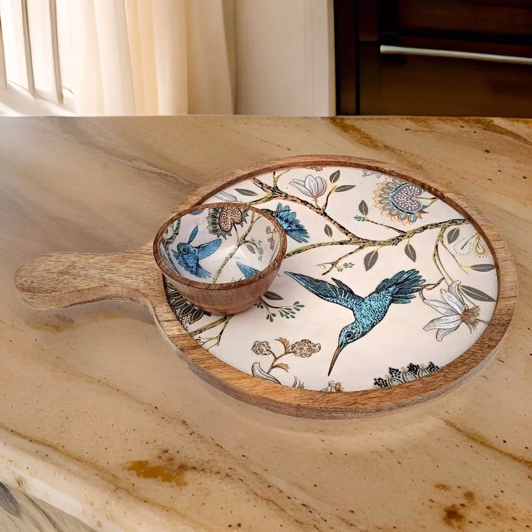 Hartsmede Handmade Mango Wood Serving Platter Tray with Bowl, Hummingbird Floral Enamel Pattern, Beige, White and Pink, Diameter: 30.48 cm – 6