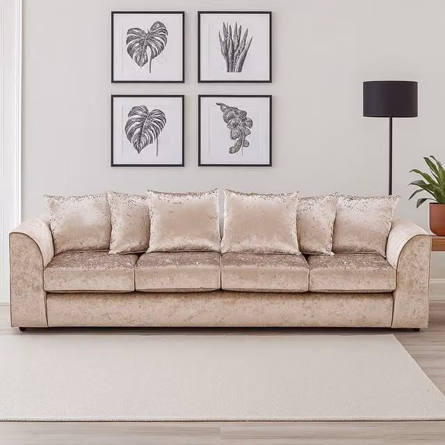 Furnishings For Less UK Crystal Crushed Velvet 4 Seater Curved Arm Sofa in Beige