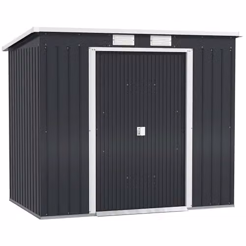 Outsunny Metal Lean-to Garden Storage Shed with Double Door and Foundation Kit, Grey, W/D/H: 213.4 x 121.9 x 173 cm – 1