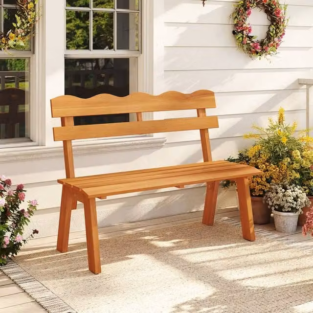 Costway 2-Person Outdoor Acacia Wood Garden Bench with Backrest and Armrests in Brown – 1