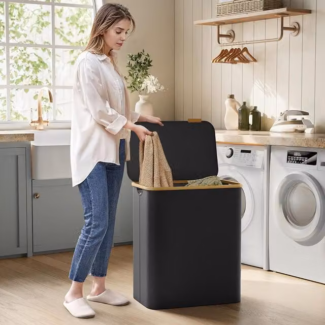 SONGMICS 150L 3-Section Large Laundry Basket with Lid and Removable Bags, Black