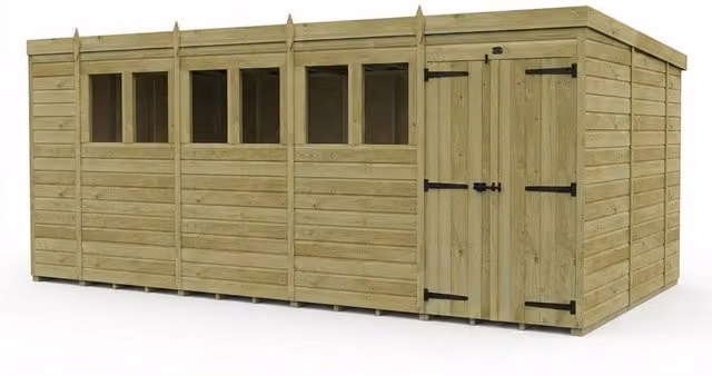 Buttercup Farm Brown Timber Pent Garden Shed with Double Doors and Windows, W/D/H: 305 x 305 x 210 cm