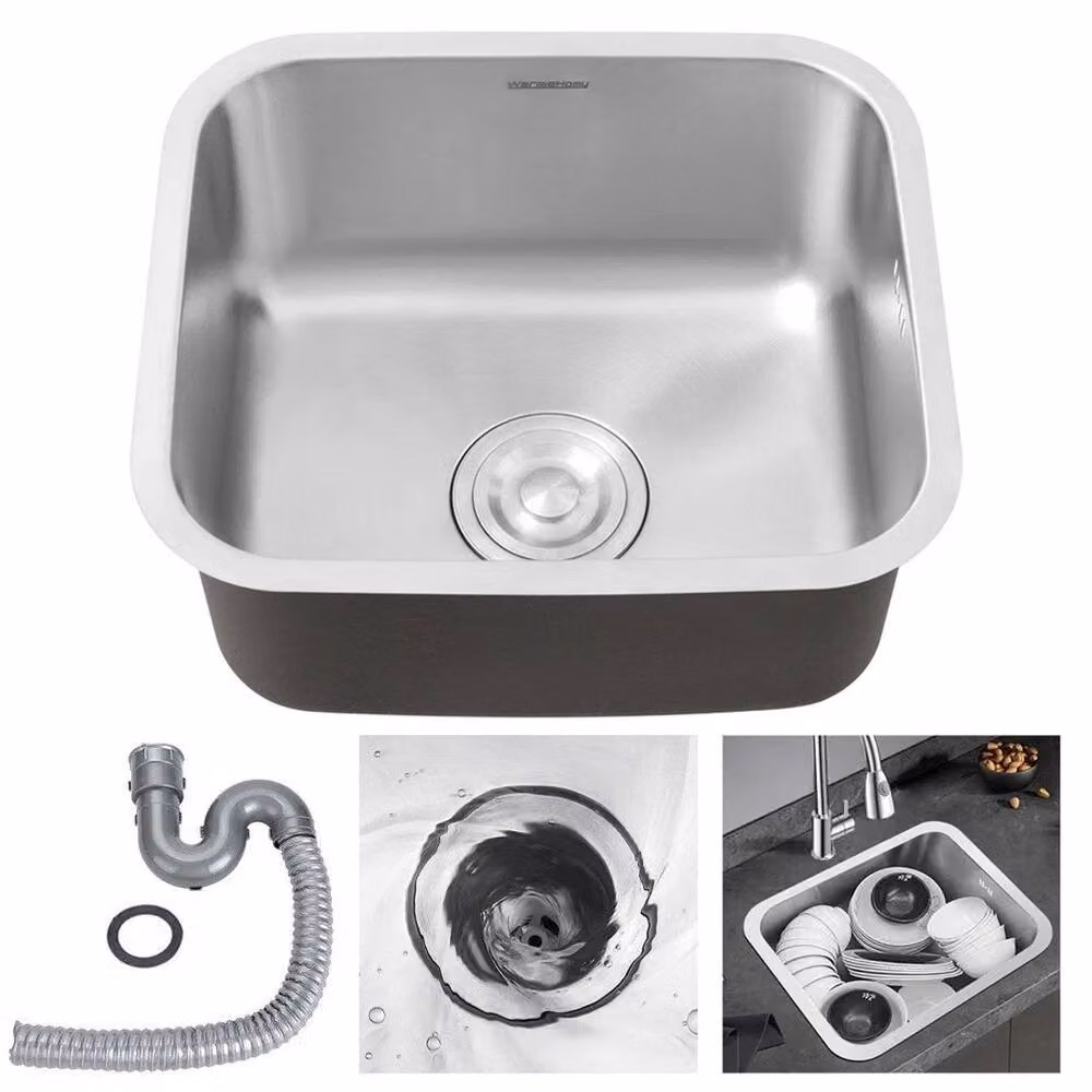 EONLION Square Stainless Steel Undermount Kitchen Sink in Silver, W: 100 cm x D: 300 cm – 3