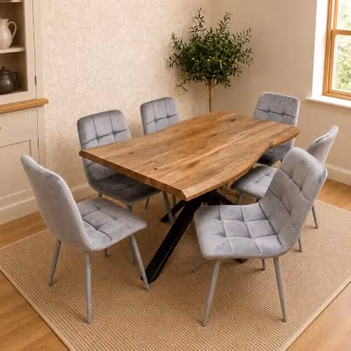Kosy Koala 6 Seater Dining Set with Rustic Brown Live Edge Style Rectangular Table and Grey Velvet Chairs W/D/H: 140 x 80 x 75 cm