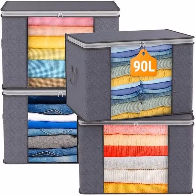VOGREX Set of 4 Grey Fabric Clothes and Bedding Storage Bags with Zips and Handles