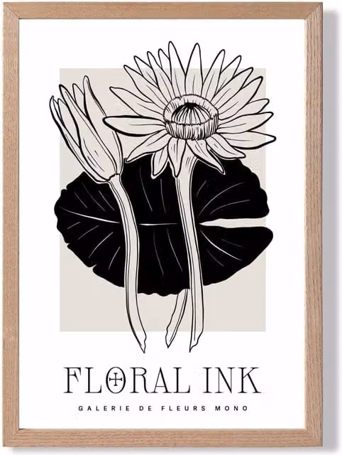 ARTZE Water Lillies Black and Beige Floral Ink Sketch Framed Print with Oak Wood Frame, A2