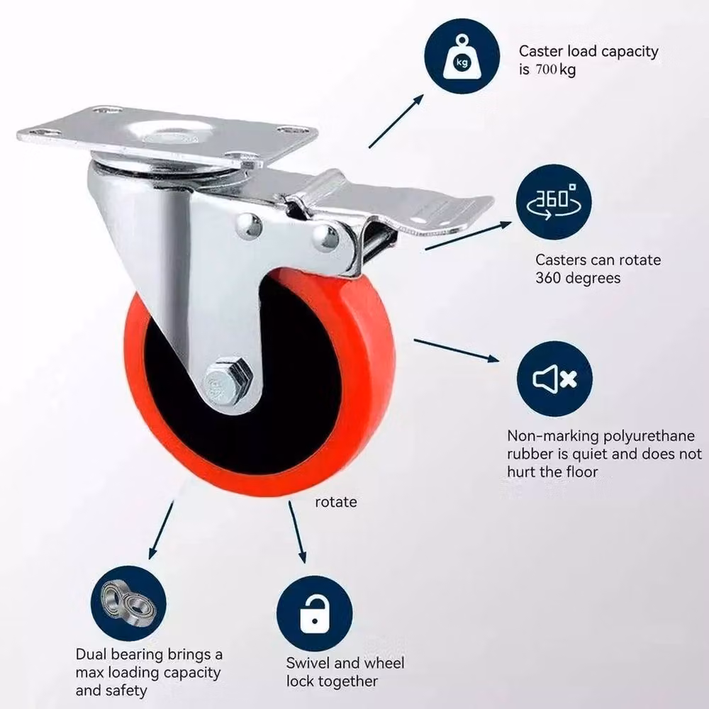 Kelvenix Set of 4 Heavy Duty Double Bearing Braked 100mm Swivel Castors in Silver with Rubber Wheels – 2