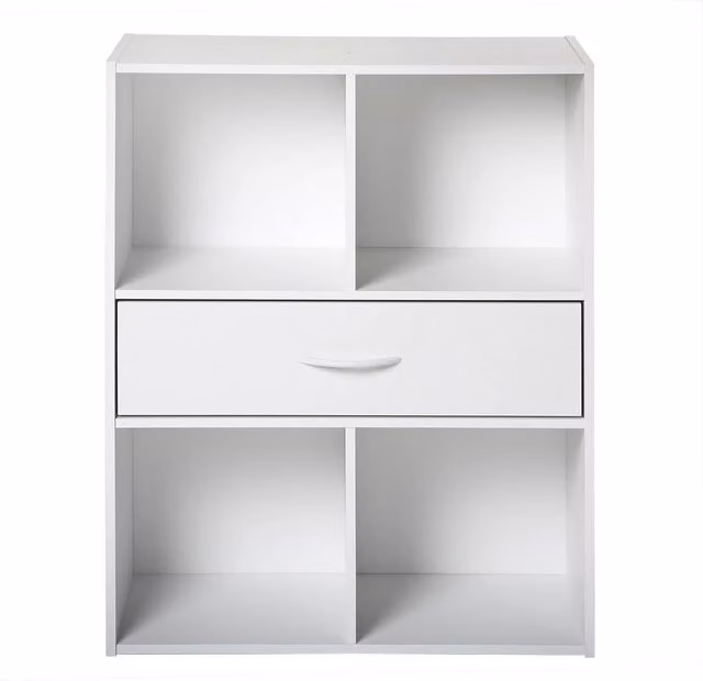 CALICOSY 4-Compartment Storage Shelf with Drawer, White, W/D/H: 62.0 x 29.5 x 80.0 cm
