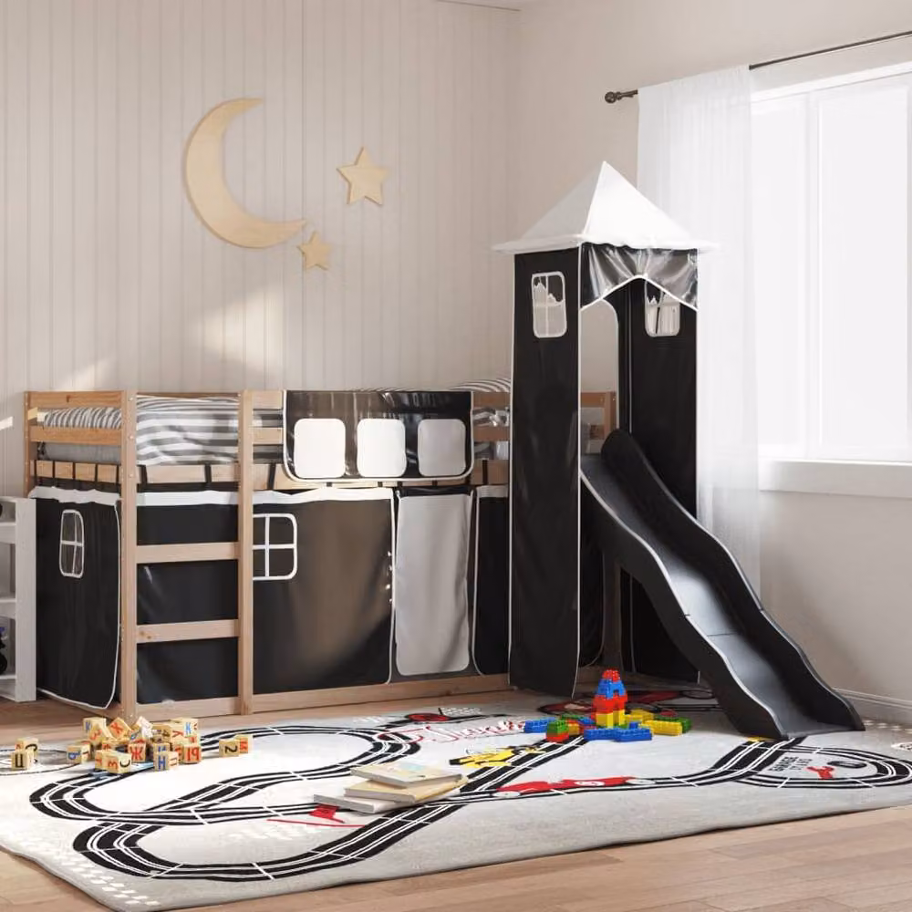 Berkfield Home Solid Wood Childrens Bunk Bed with Slide in White and Black, W/D/H: 80 x 200 cm – 2