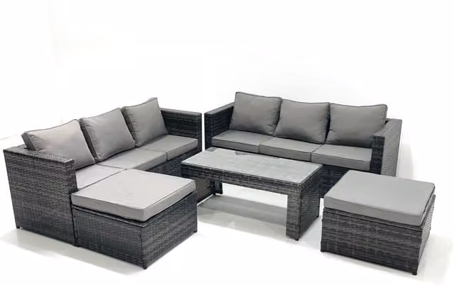 Fimous Garden Outdoor Rattan Furniture Set with Sofa, Coffee Table and 2 Footstools in Dark Grey