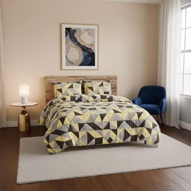 Snug City Geometric Print Duvet Set and Pillowcases in Grey and Yellow, W/D/H: 140 x 200 cm – 1