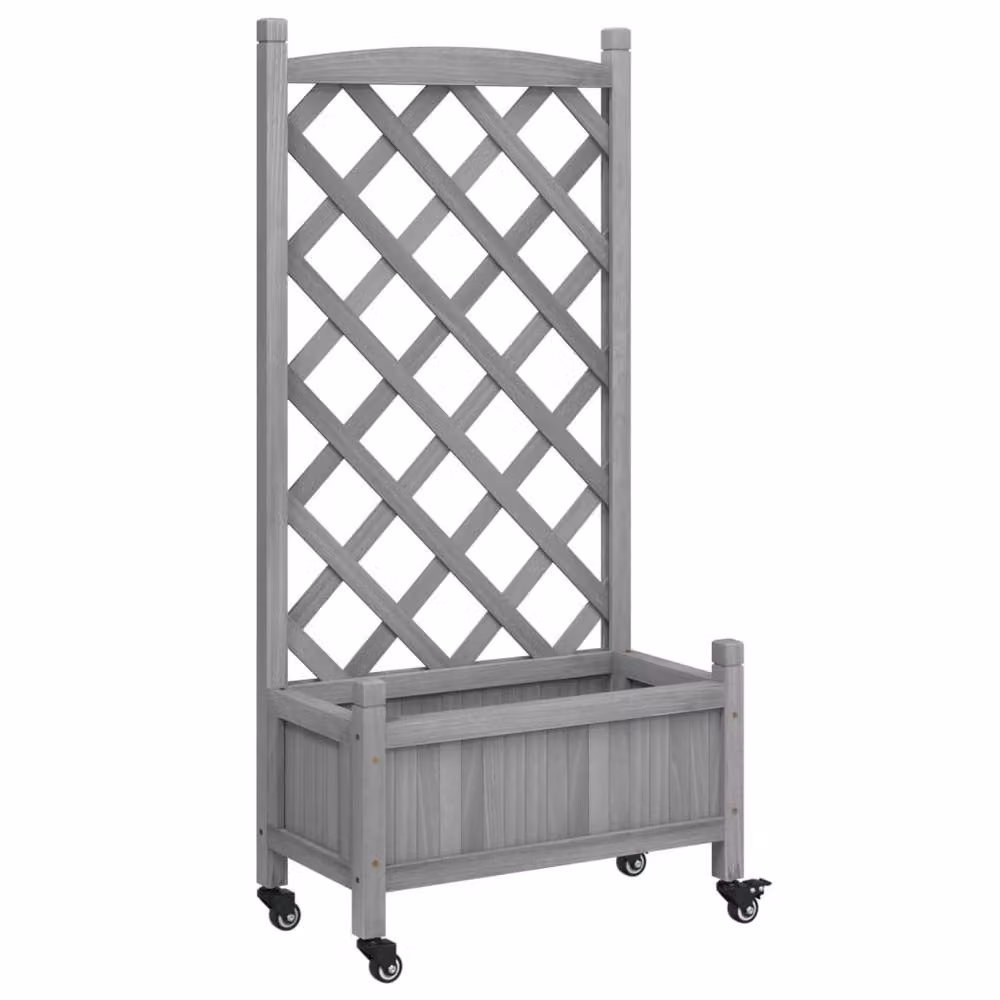 Berkfield Home Grey Solid Fir Wood Planter with Trellis and Wheels – 2