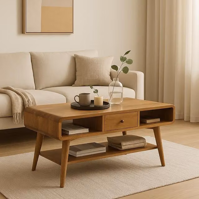 Aosom UK Solid Mango Wood Curved Coffee Table with 2 Drawers and 2 Open Compartments, Brown, W/D/H: 85 x 55 x 45 cm – 1
