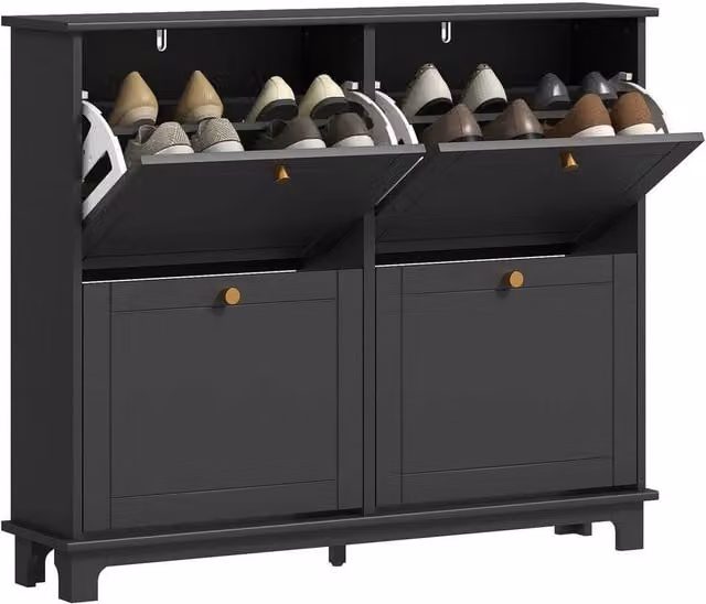 KORVIXA Narrow Black Matt Shoe Cabinet with 4 Tilting Compartments and Adjustable Internal Shelves, W/D/H: 100 x 23.5 x 100 cm – 1