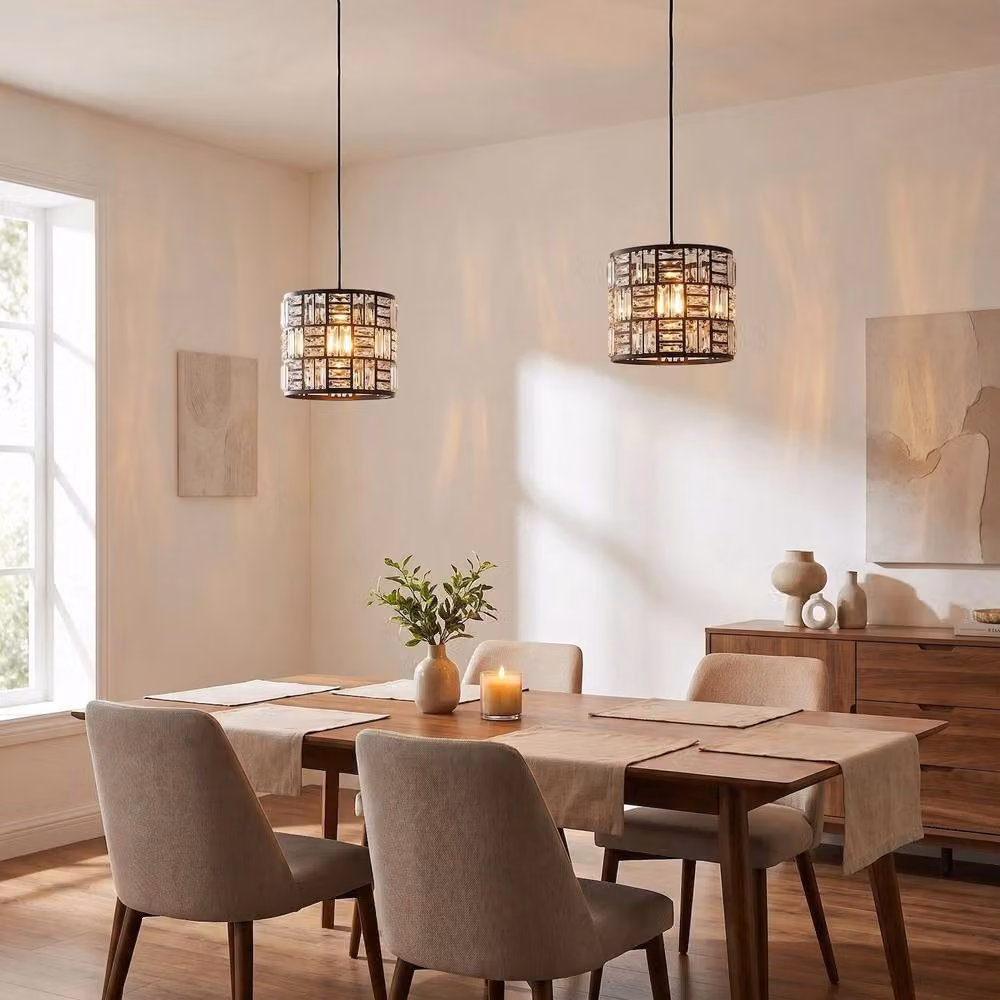 Happy Homewares Modern Circular Drum Matte Black Pendant Shade with Transparent Acrylic Rods – 3