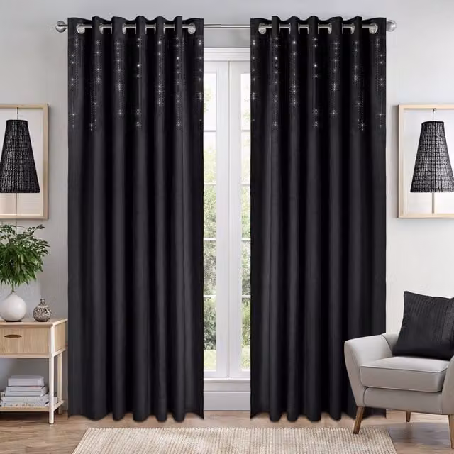 Terrys Diamondo Black Velvet Thermal Insulating Blackout Eyelet Curtains, Black