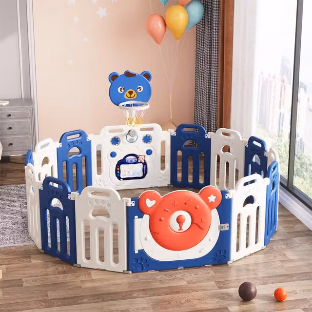 Livingandhome Foldable Baby Playpen Donut Bear Yard with Hoop, Blue and White, W: 123 cm, D: 65 cm, H: 65 cm