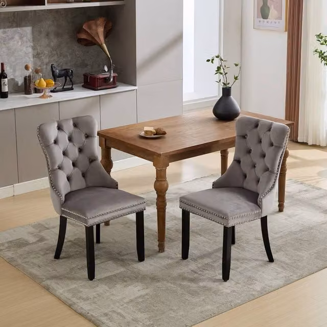 BTM Modern Set of 4 Grey Velvet Dining Chairs with Rubberwood Legs – 1