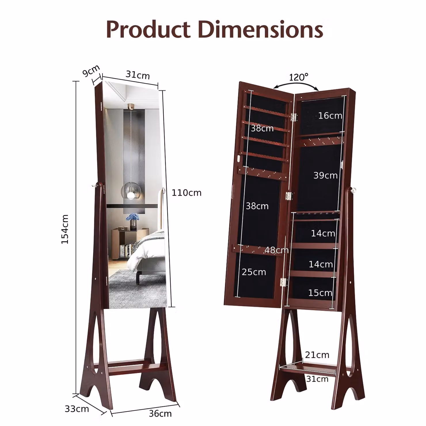 Costway Freestanding Jewelry Cabinet Organizer with Full Length Mirror and Built-in LED Lighting in Brown – 2