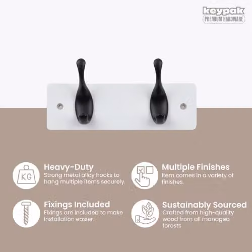 Keypak 2 Matte Black Coat Hooks on White Wooden Board, Width: 22.5 cm – 2