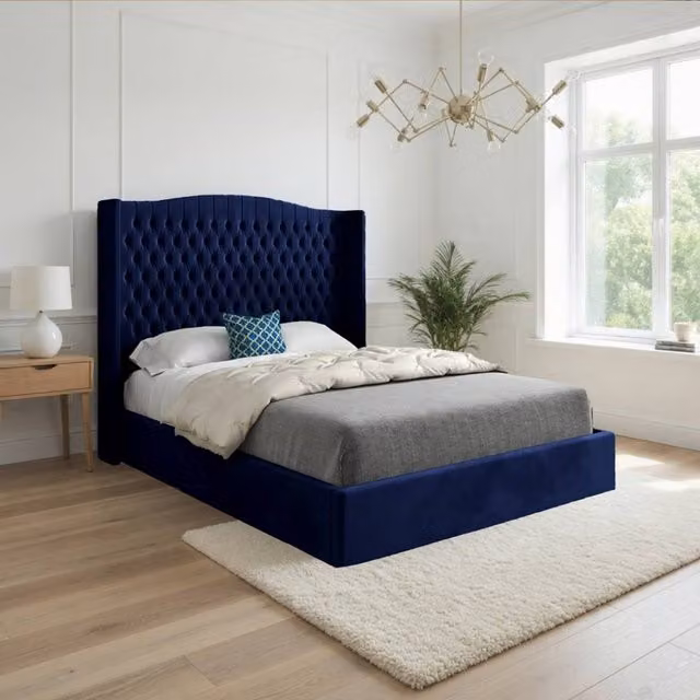KDMD Stockcross Winged Upholstered Designer Bed Frame in Blue Velvet, W/D/H: 140 x 200 cm