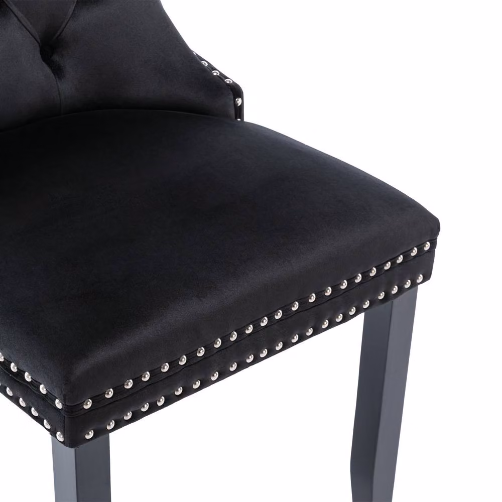 BTM Set of 6 Black Modern Upholstered Velvet Dining Chairs with Button Tufting and Rubberwood Legs – 3