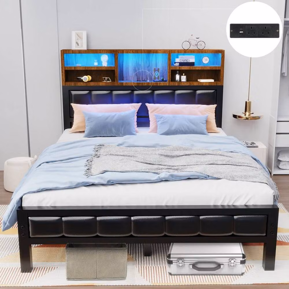 FLAVORA Industrial Metal Platform Cot Bed Frame with RGB Under-Bed Lighting and USB Charging Port in Black – 3