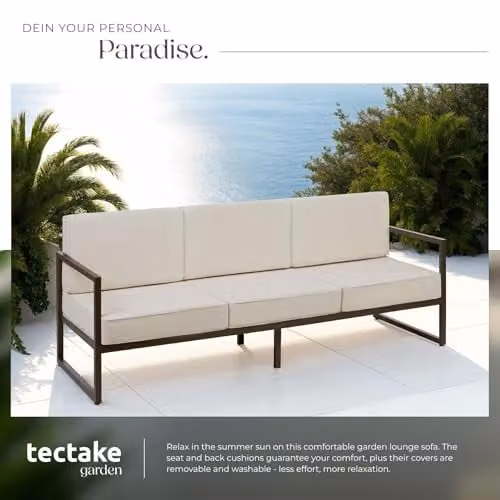 tectake 3 Seater Garden Sofa in Beige with Powder Coated Steel Frame and Removable Outdoor Fabric Cushions – 3
