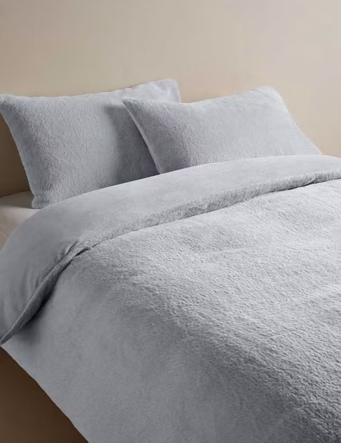 M&S Supersoft Faux Fur Bedding Set in Dove Grey, including Duvet Cover and Pillowcase, W/D/H: 90 x 190 cm