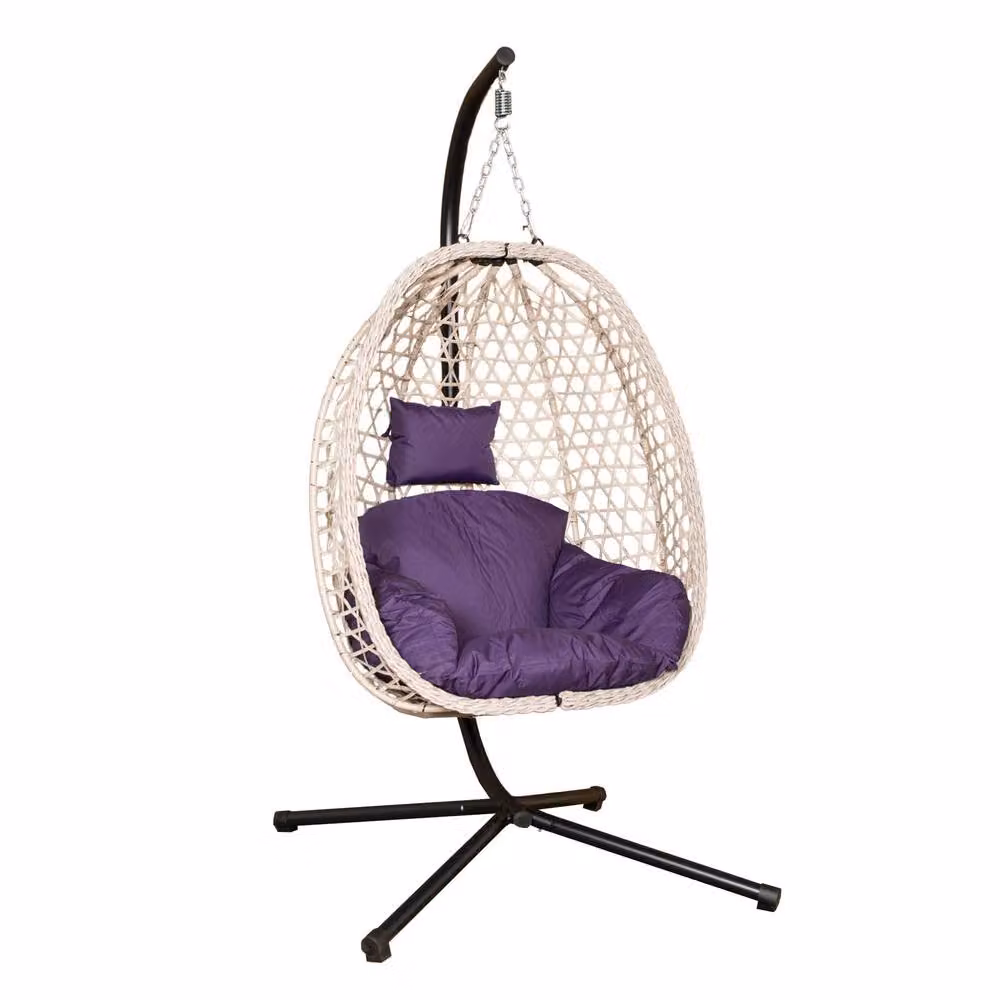 Samuel Alexander Rattan Hanging Egg Chair with Stand and Indigo Cushion in Purple – 3