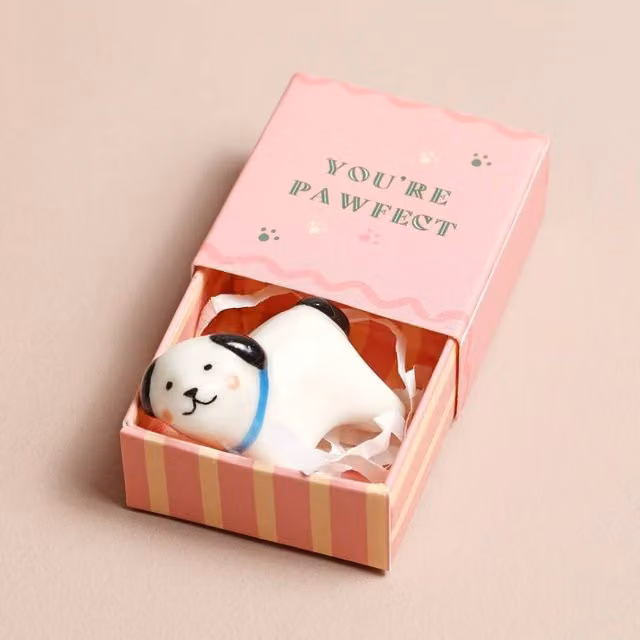 Lisa Angel Tiny Matchbox Ceramic Dog Token in White and Pink