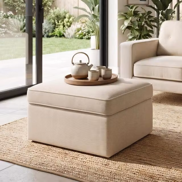 Furniturebox UK Jasper Linen-Look Fabric Storage Footstool in Beige