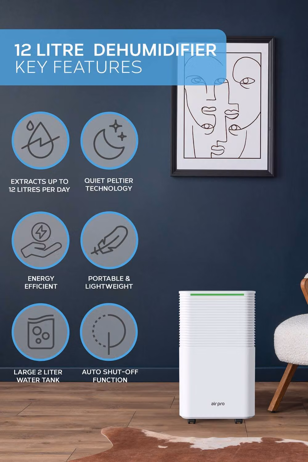 Air Pro Digital Dehumidifier in White with 2L Water Tank and 12L/Day Capacity, featuring Sleep Mode and 24 HR Timer for Laundry Drying and Mould Removal – 2
