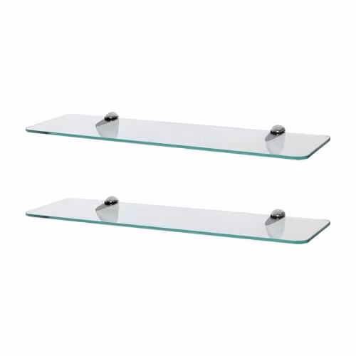 Harbour Housewares 2x Wall-Mounted Rounded Floating Glass Bathroom Shelves in Transparent and Silver, 50cm – 1