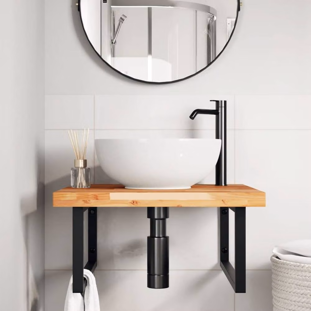 Berkfield Home Wall Mounted Basin Shelf in Brown Steel and Solid Acacia Wood – 1