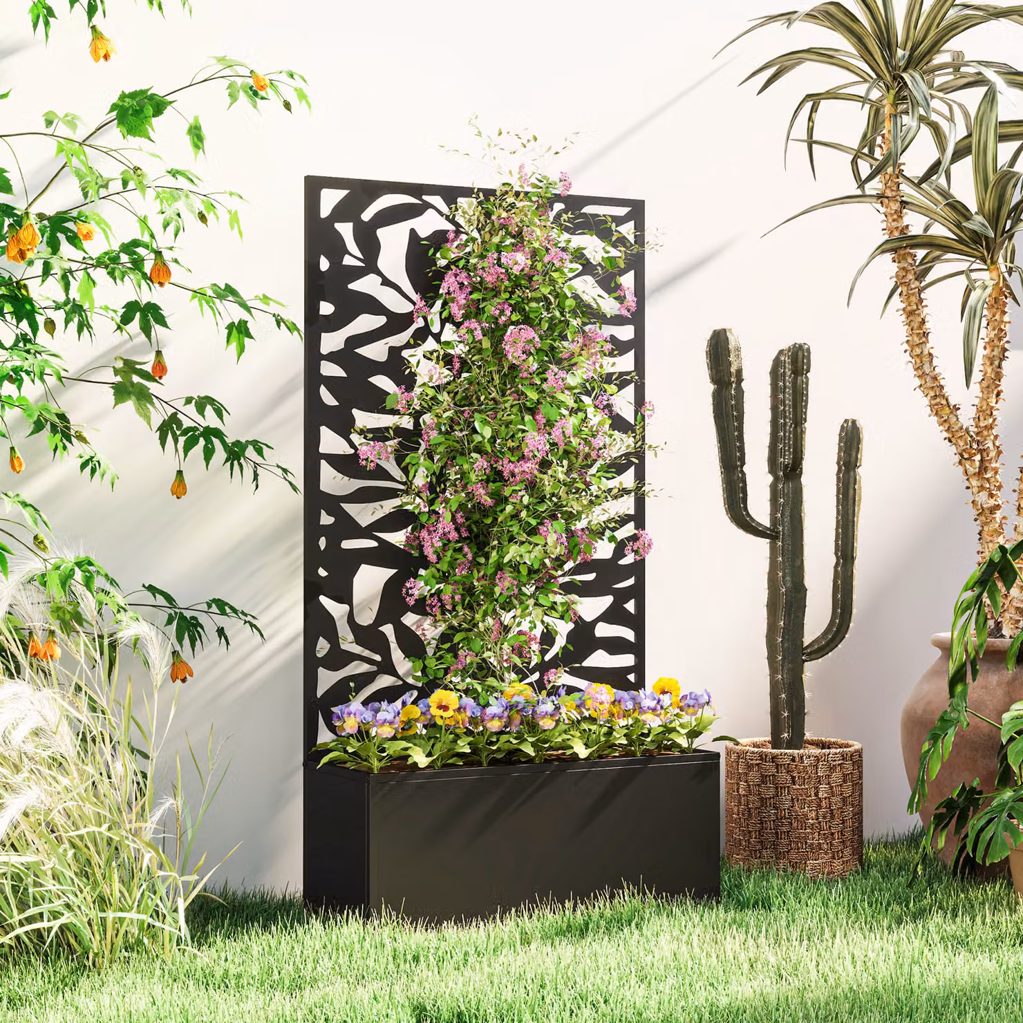 Outsunny Metal Garden Raised Bed with Trellis and Privacy Panel, Black, W: 58.0 cm, D: 30.3 cm, H: 24.0 cm – 2