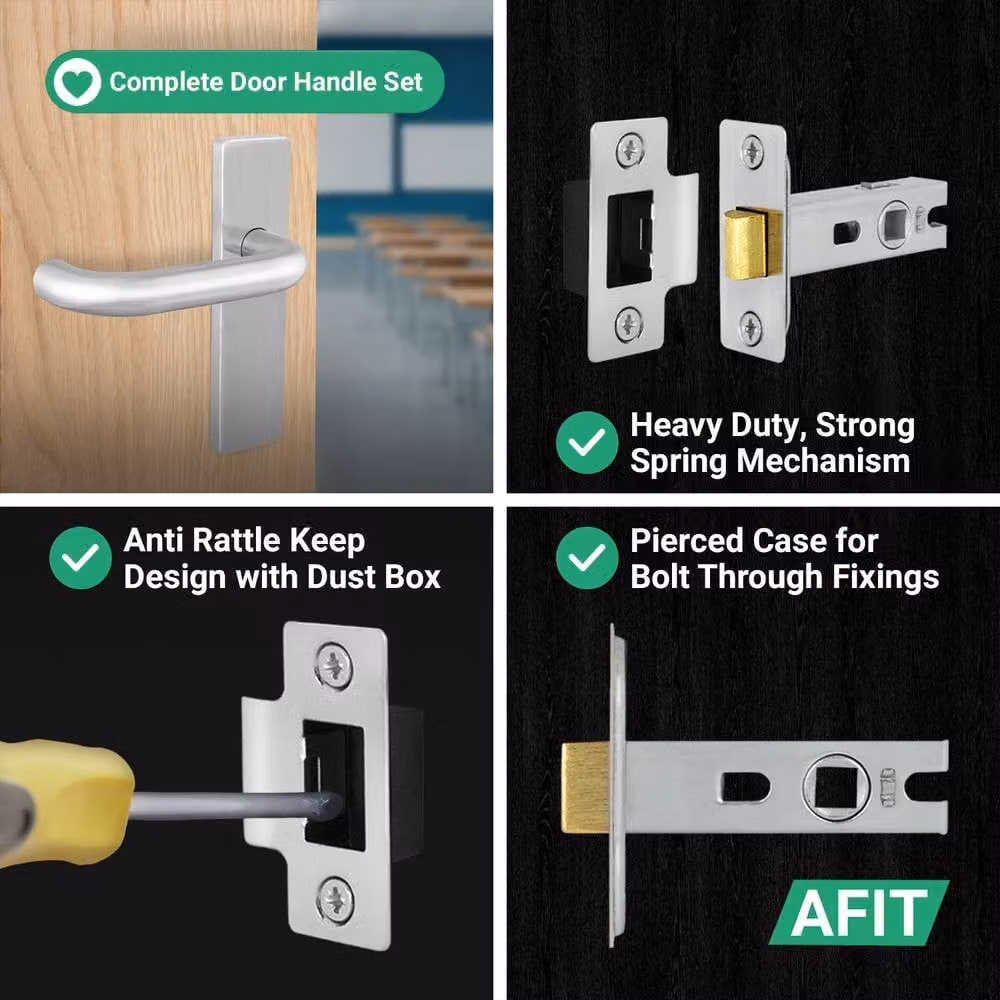 AFIT Satin Steel Return to Door Lever Backplate and 64mm Latch Kit in Silver, W/D/H: 150 x 150 x 150 mm – 3