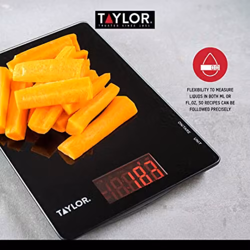 Taylor Digital Kitchen Scales with Tare Function and Unit Conversion, Black Glass, 5 kg Capacity – 5