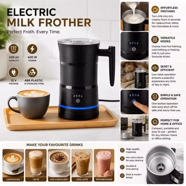 NESTLUNE 4-in-1 Electric Automatic Milk Frother in Black – 1
