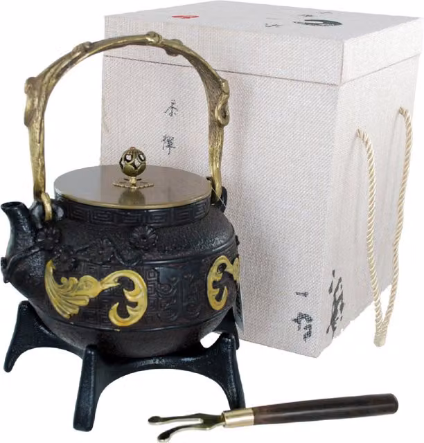 Buckingham Black Cast Iron Japanese Teapot Set with 18 cm Star Trivet and Lid Lifter in a Wooden Gift Box, 1.5 l