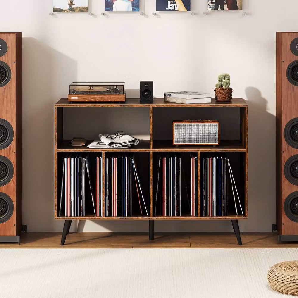Gymax 3-Tier Mid-Century Record Player Stand and Vinyl Shelves in Brown – 3
