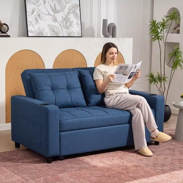 HOMCOM 2 Seater Pull Out Sofa Bed with Fabric Upholstery and Scatter Cushions in Blue – 1