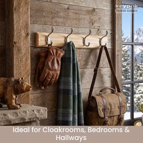Keypak Wall Mounted Rustic Pine Effect Coat Rack with 4 Silver Chrome Hooks, Brown – 2