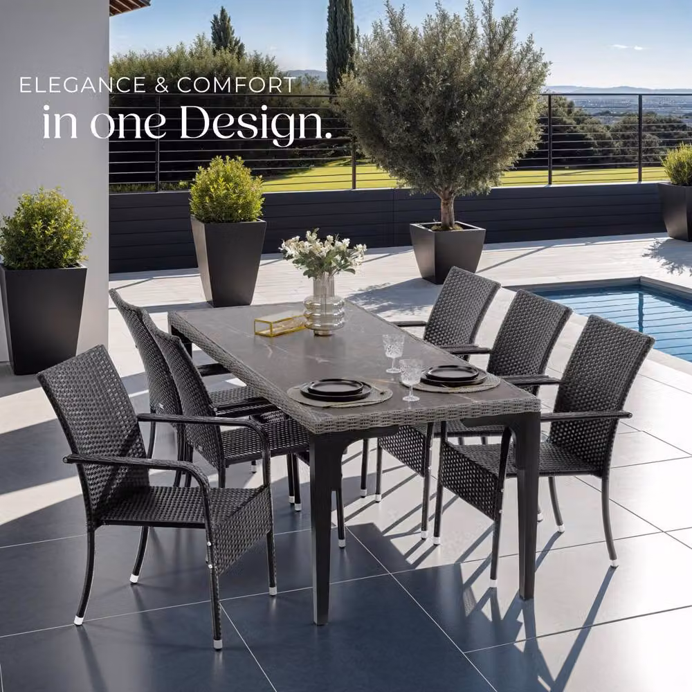 tectake Set of 2 Modern Rattan Garden Chairs in Black and Grey with Metal Frame – 8
